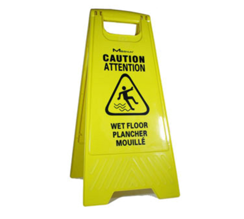 Magnum MAG45100 — Warning Sign, "Caution Wet Floor", 2-sided, A-shape, multi-lingual (English/Spanish/French), yellow